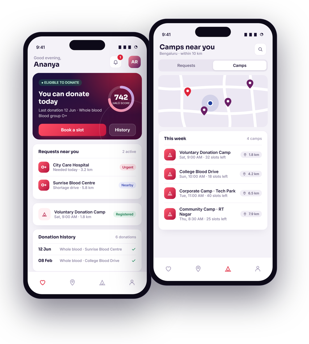 RedHalo Mobile App: a home screen showing the donor is eligible to donate with their Halo Score, nearby requests and donation history, and a camp finder with a map and this week's camps by distance