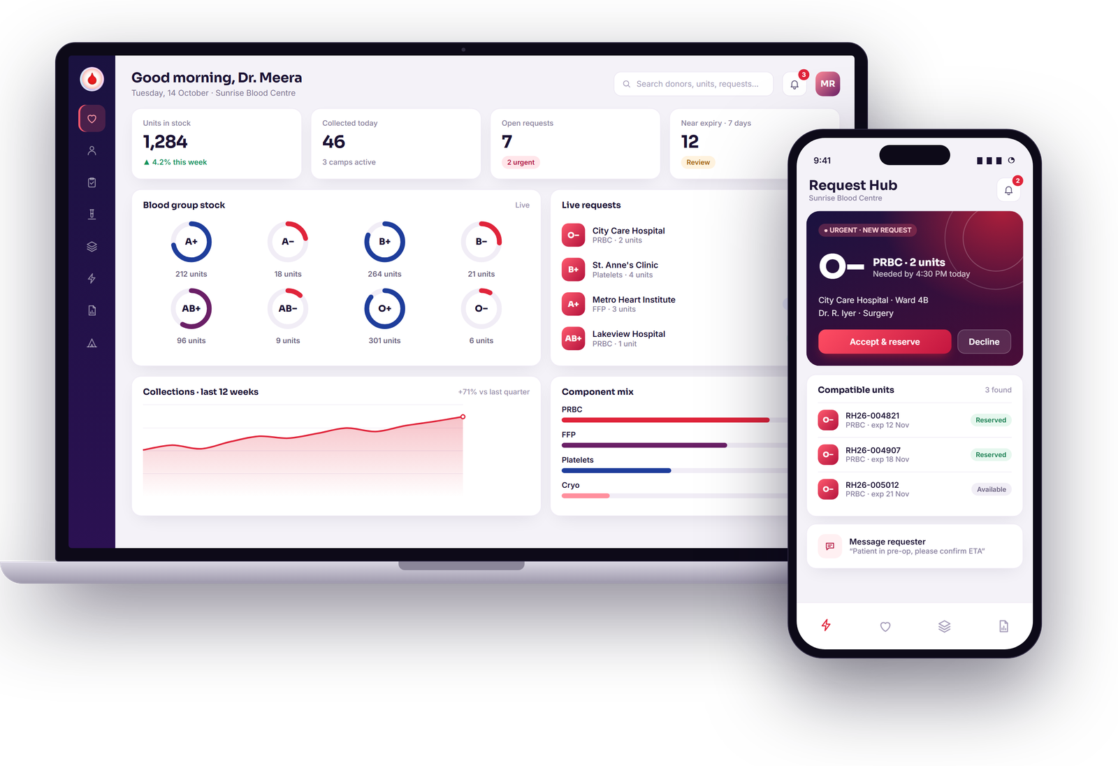 RedHalo BBMS on desktop and mobile: the stock dashboard on a laptop and the Request Hub on a phone