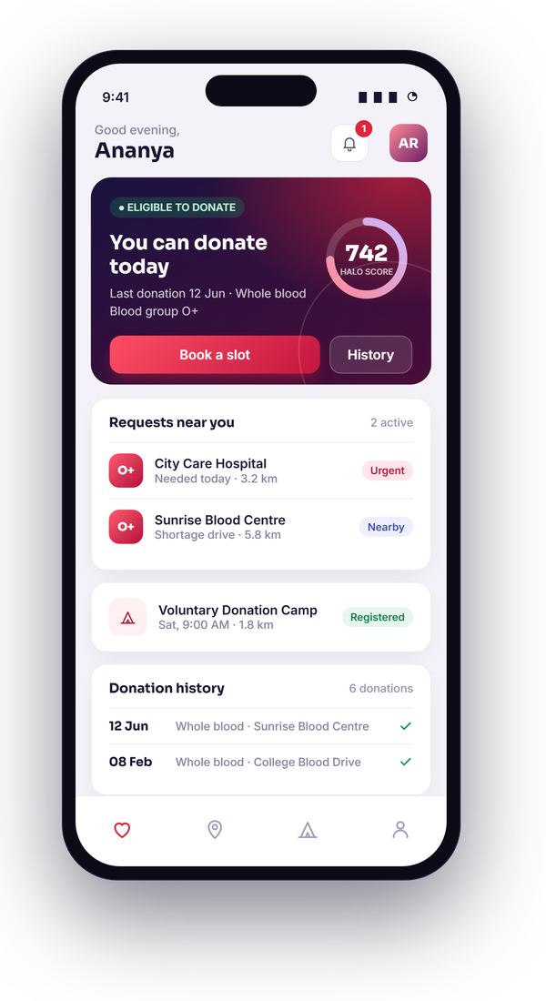 RedHalo Mobile App home screen showing the donor is eligible and a nearby request